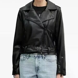 DKNY Jeans Faux Leather Black Moto Zip Buckle Collared Jacket Womens Size PM